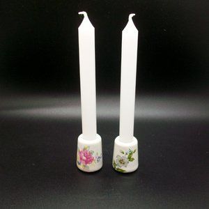 Vintage Pair Porcelain Mini Thimble Style Taper Flower Candle Holders